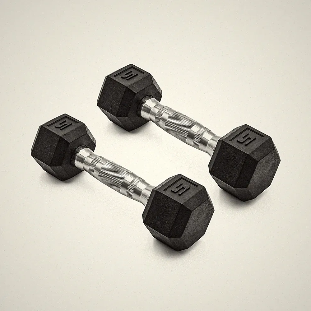 Barbell, 5lb Coated Rubber Hex Dumbbell,Pair (No-Roll Design, Ergonomic Steel)