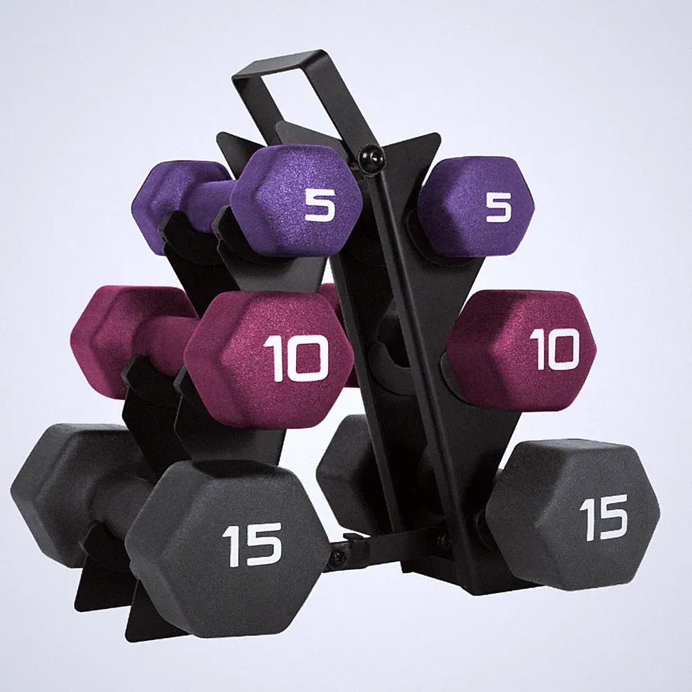 Barbell 60 lb Neoprene Hex Dumbbell Weight Set with Vertical A-Frame Rack - C...