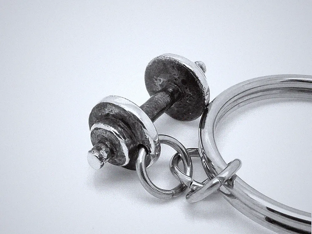 Barbell Keychain, Handmade Dumbbell Keyring in Pewter