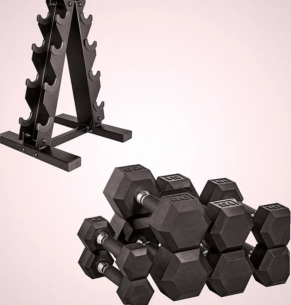 Barbell Rubber Coated Dumbbell Weight Set with Vertical Rack | 100 Lb, 150 Lb, a