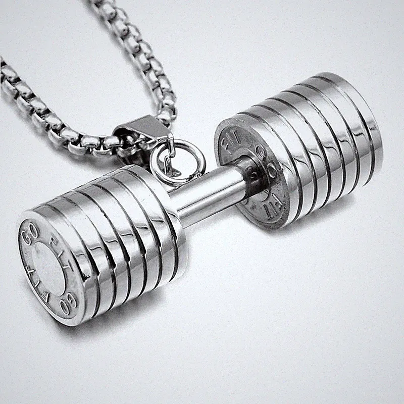 Barbell Weight Lifting Dumbbell Necklace Sports Fitness Pendant Stainless Steel