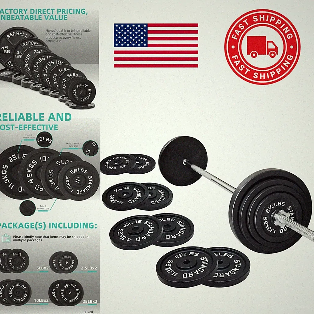 Barbell Weight Set with 95 Pounds Cast Iron Plates and 5FT Standard Barbell