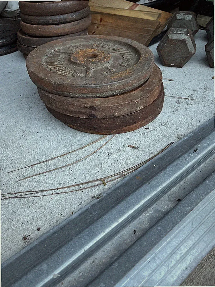 Barbell (with clips), 15lbs Dumbbells & Plates (10, 13.2, 25lbs)