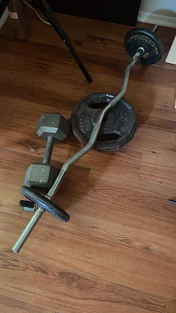 Barbell with weights and dumbbell