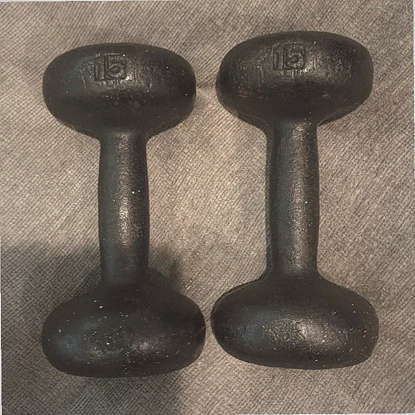 BFCO Vintage 15 lb Cast Iron Fixed Weight Dumbbells Pair (2) Black for Gym