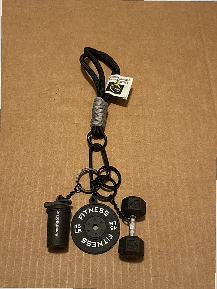 Black Fitness Dumbbell Keychain Set w/ Wrist Strap Gym Bag Charm