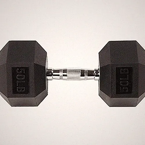 BLACK - Fitvids RUBBER ENCASED EXERCISE FITNESS HEX DUMBBELL 50LB SINGLE