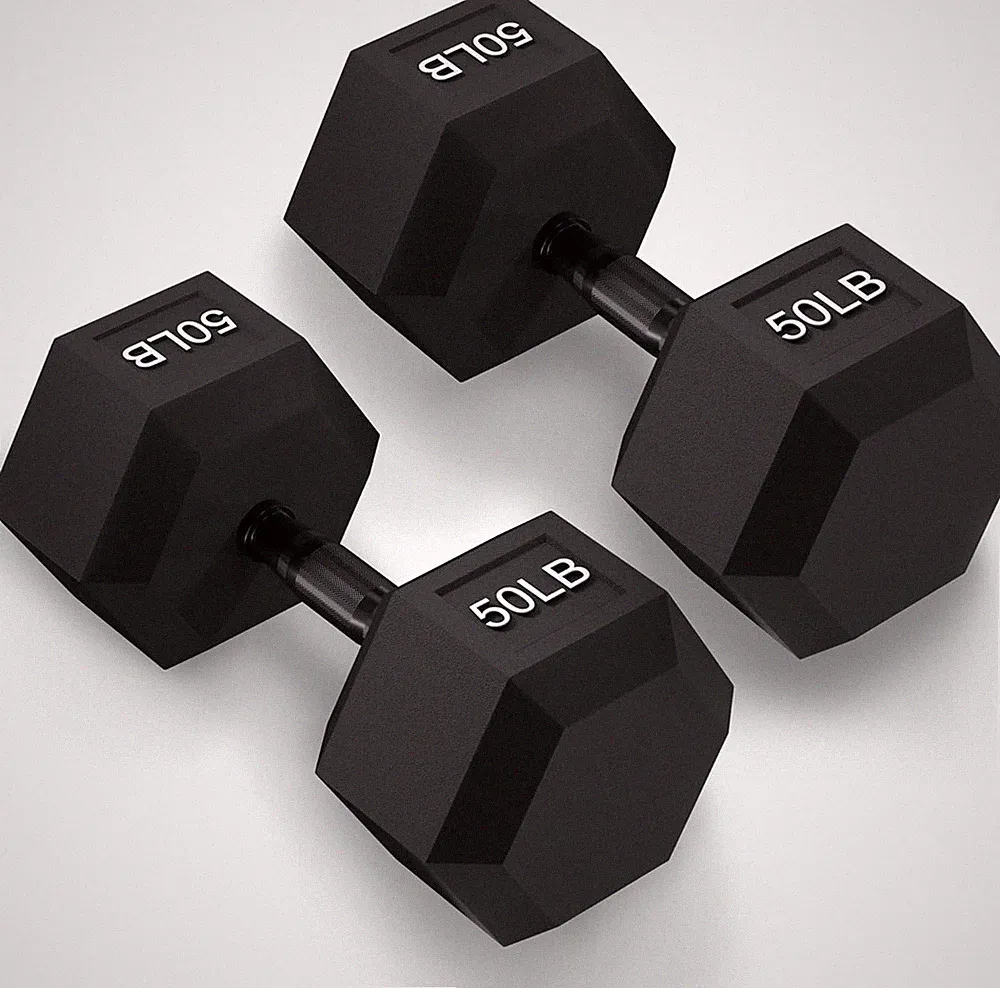 Black Hex Dumbbell Rubber Cast Iron, 5/10/15/20/25/30/35/40/45/50LB, Single/Pair