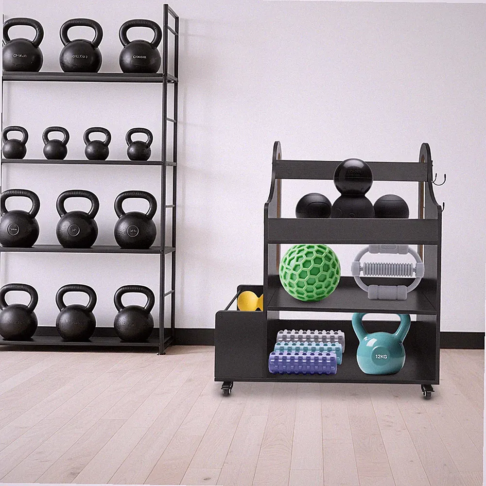 Black Multi-Tier Home Gym Storage Rack With Wheels For Dumbbells & Kettlebells