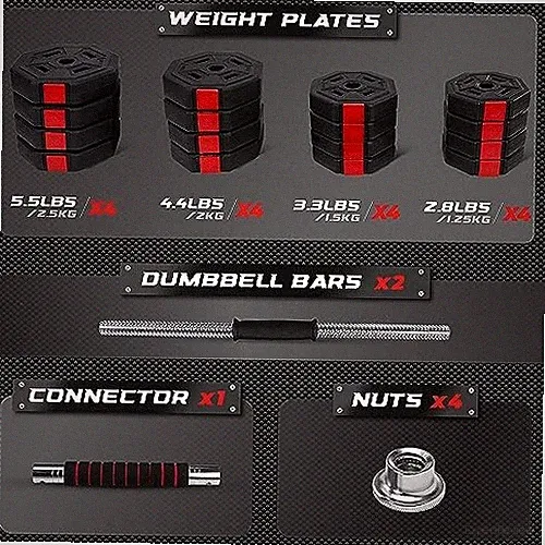 BLACK/RED - YES4ALL UPGRADED 66LBS PAIR ADJUSTABLE WEIGHTS DUMBBELLS SET, FREE
