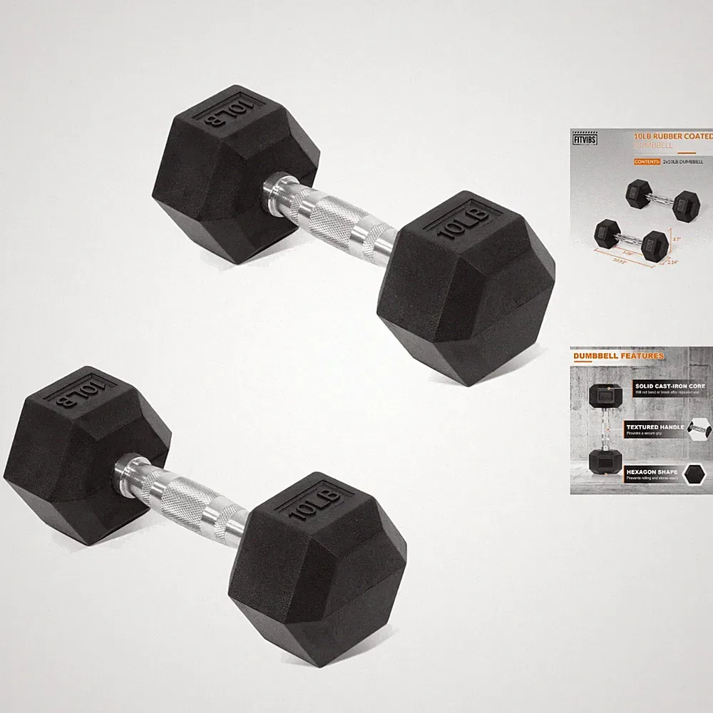 Black Rubber Coated Hex Dumbbells - 10 LB Pair for Strength Training at Home
