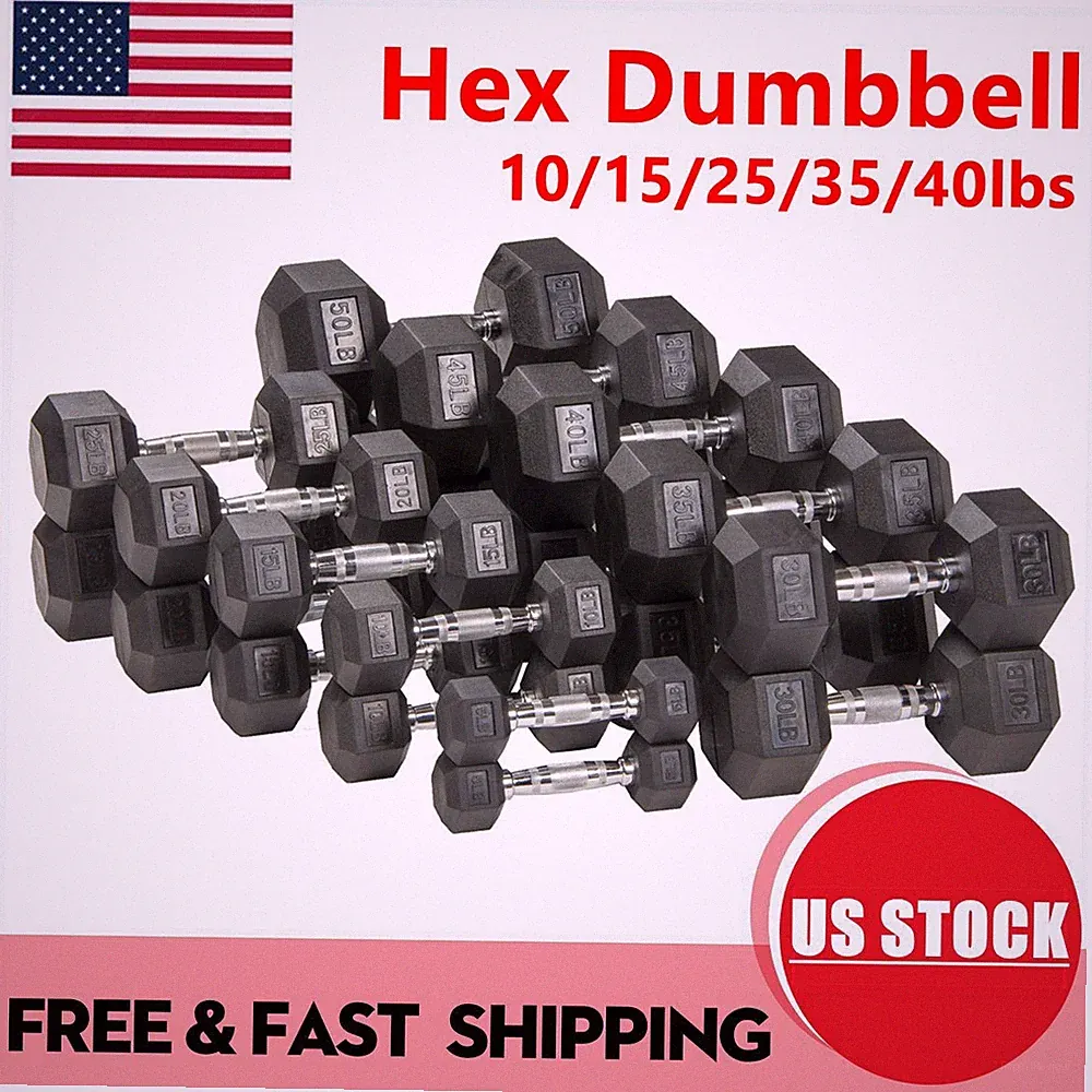 Black Rubber Encased Hex Dumbbell Gym Fitness, 10/15/25/35/40LBs, Single (1 PC)