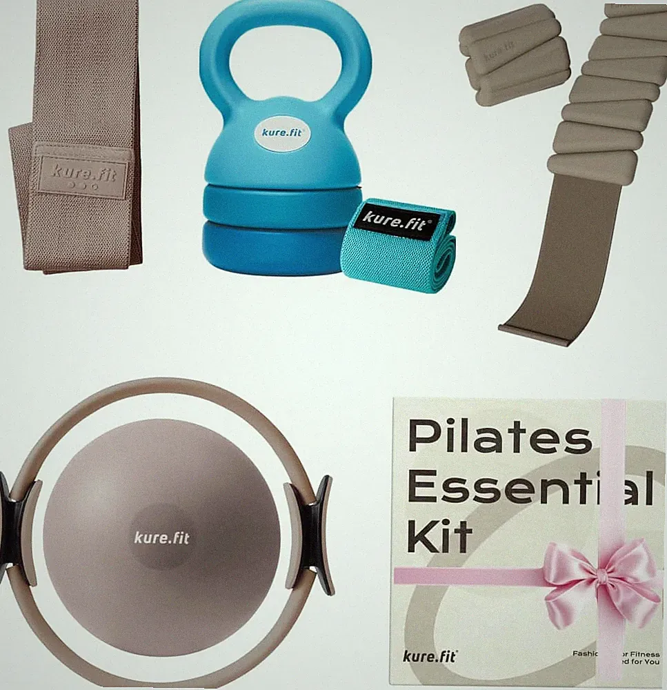 Blue Adjustable Kettlebell & Taupe Pilates Kit with Wrist Weights Bundle