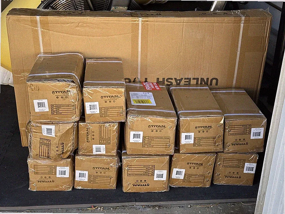 BNIB Titan Fitness Dumbbells And Three-tier Dumbbell Rack.