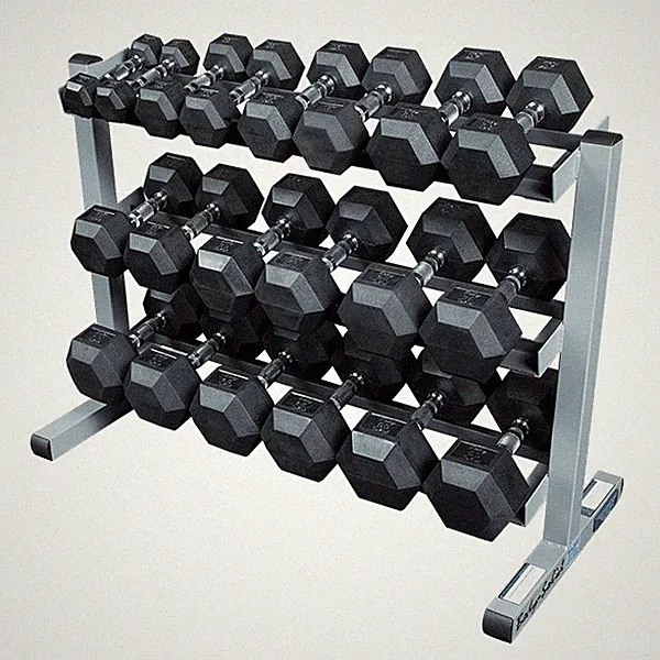 Body-Solid 5-50lb. Rubber Coated Dumbbells (SDRS550) with 3-Tier Rack (GDR363)