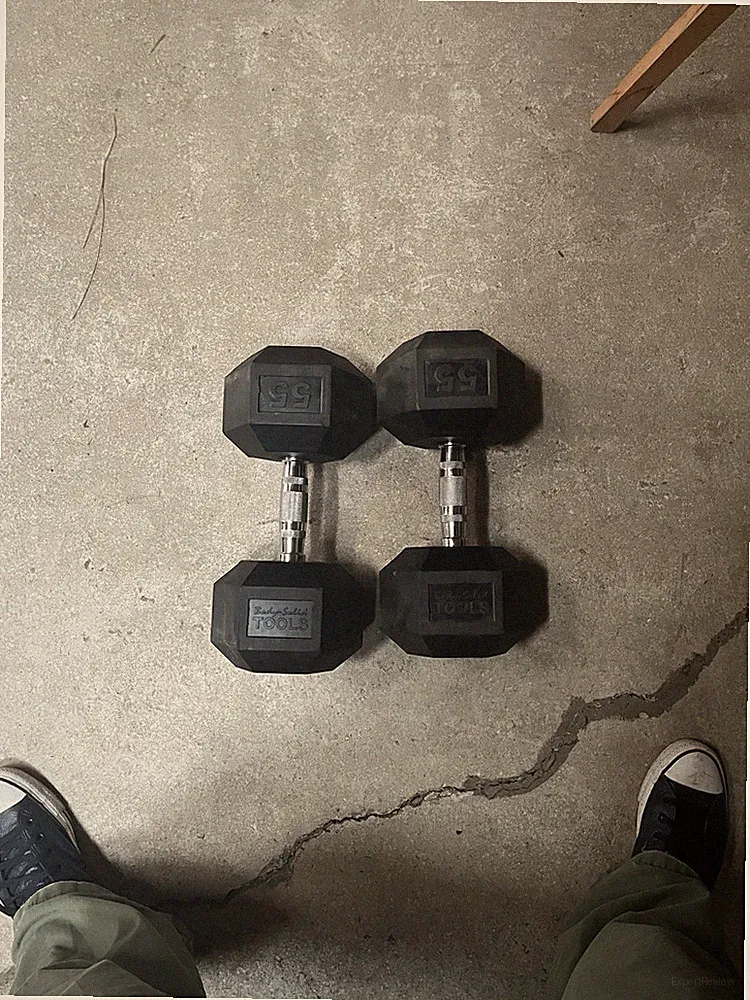 Body-Solid Tools 55 lb Rubber Hex Dumbbells Pair Black/Silver Chrome Handles