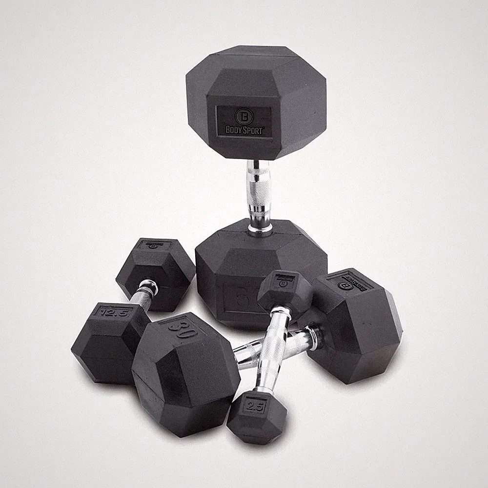 BODY SPORT RUBBER ENCASED HEX DUMBBELL, 15 LBS.