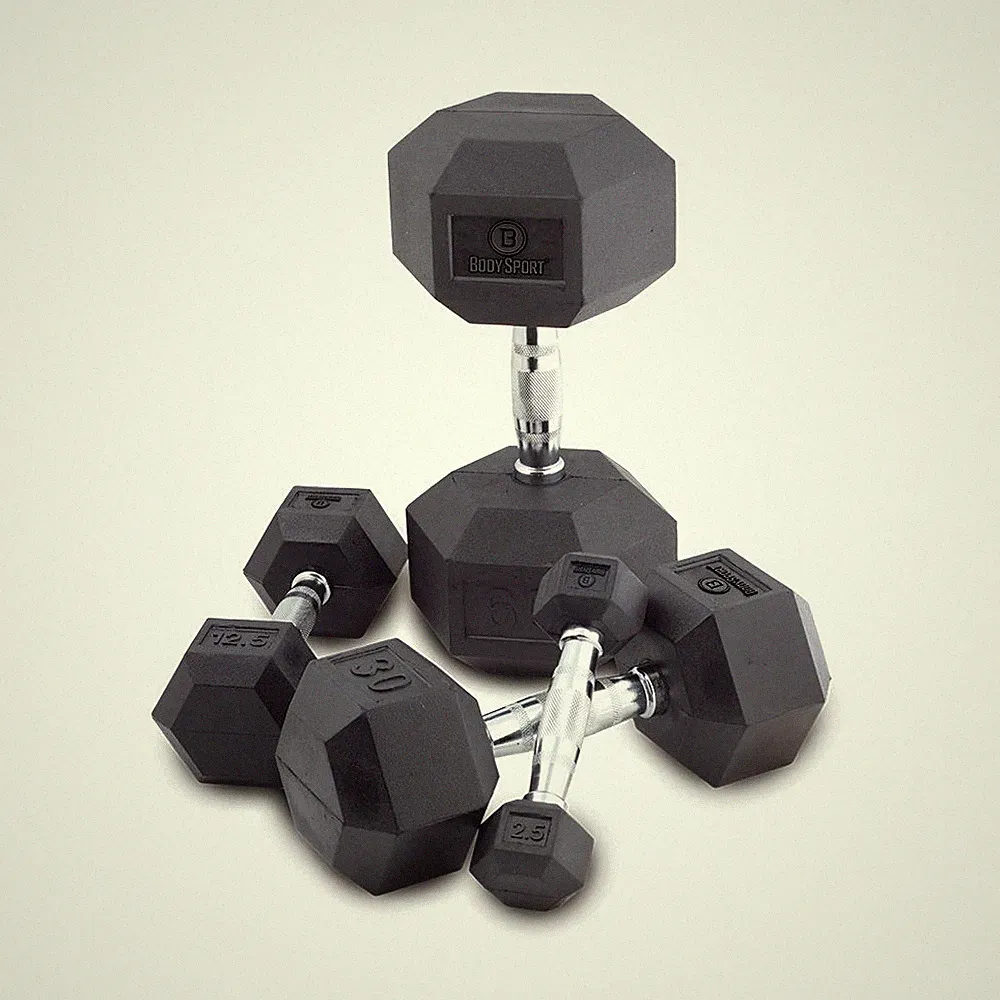 BODY SPORT RUBBER ENCASED HEX DUMBBELL, 25 LBS.