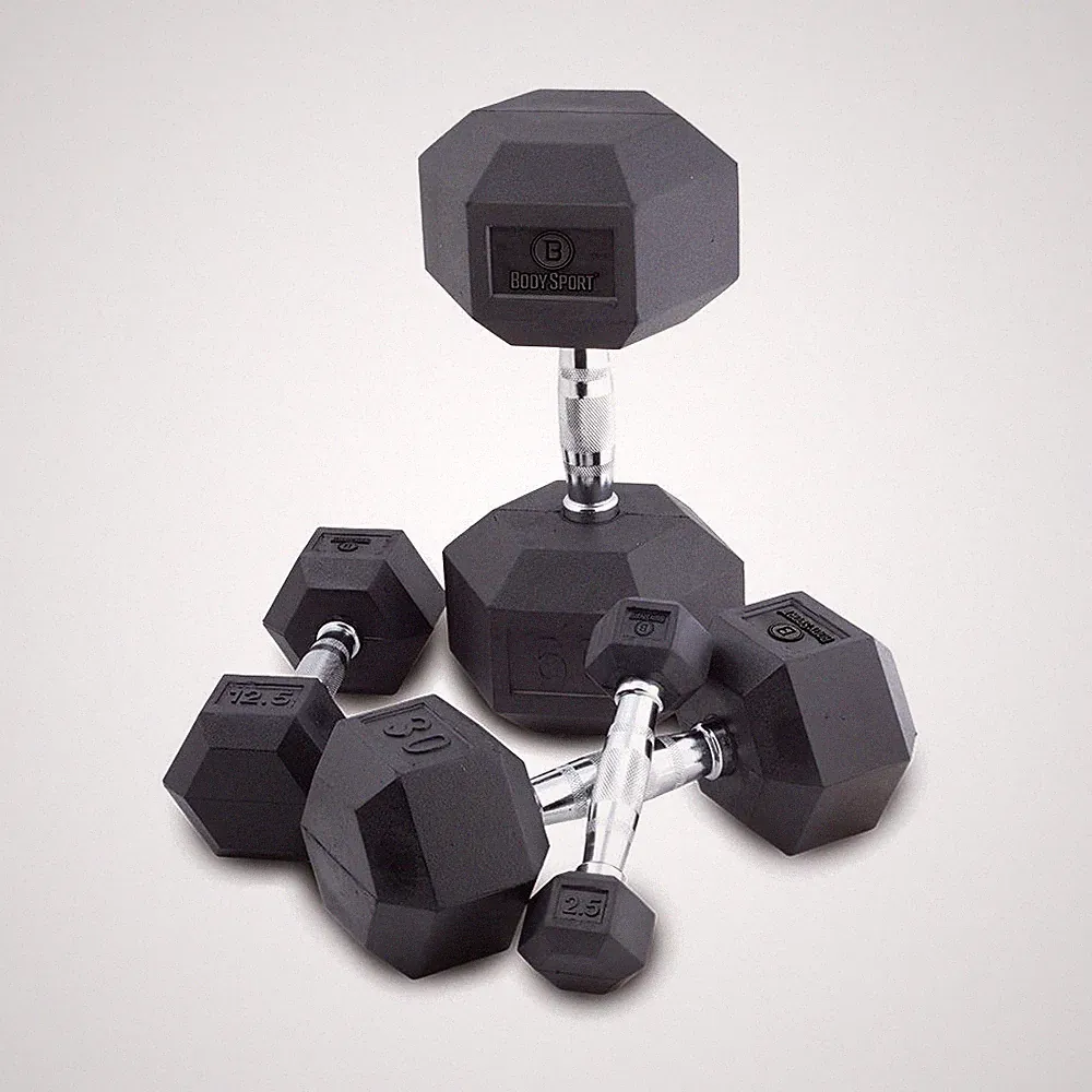 BODY SPORT RUBBER ENCASED HEX DUMBBELL, 50 LBS.