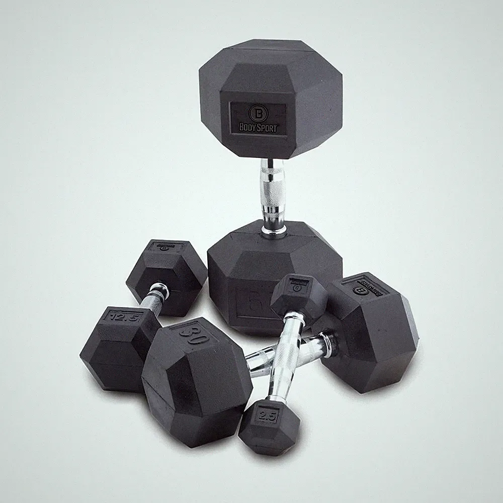 BODY SPORT RUBBER ENCASED HEX DUMBBELL, 55 LBS.