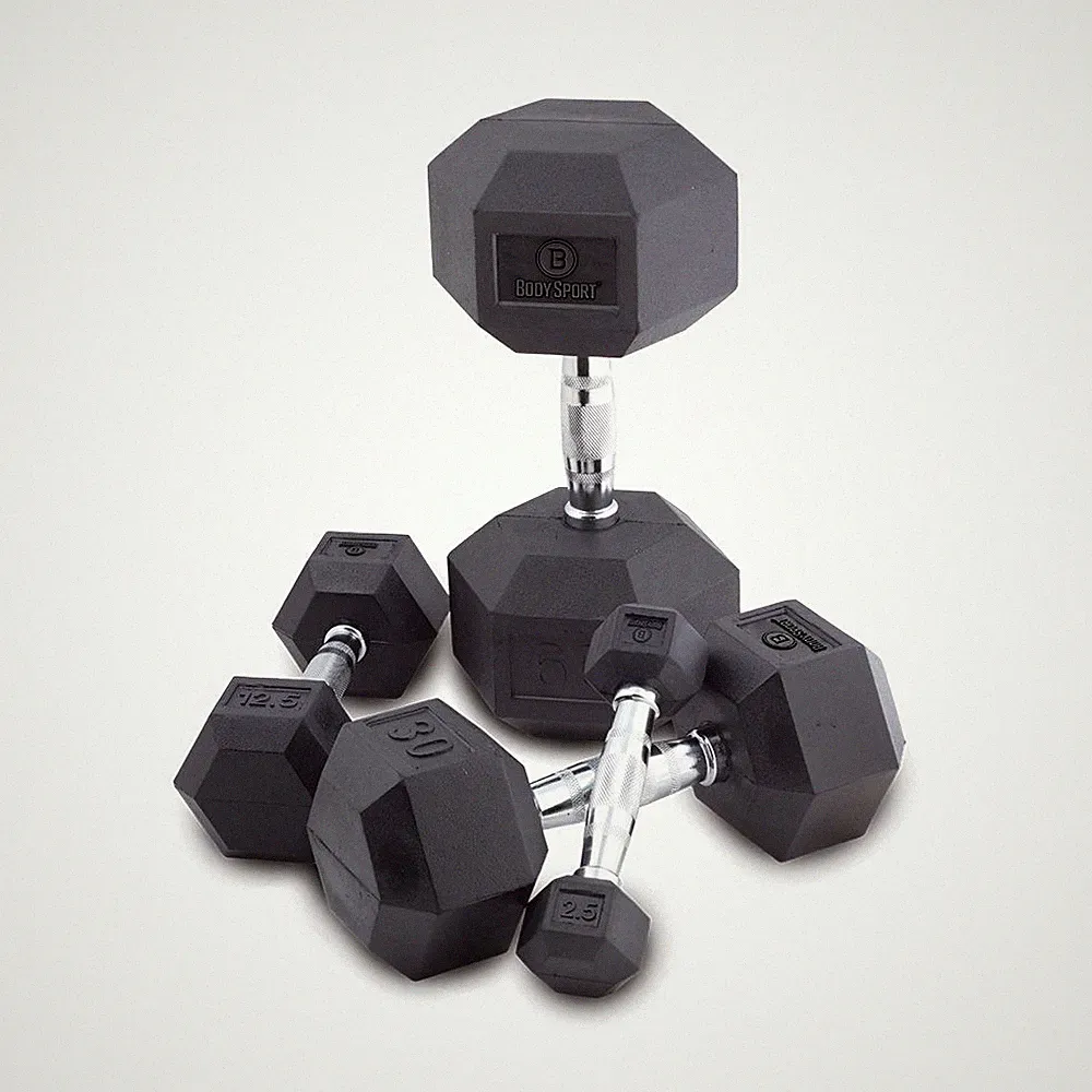 BODY SPORT RUBBER ENCASED HEX DUMBBELL, 60 LBS.