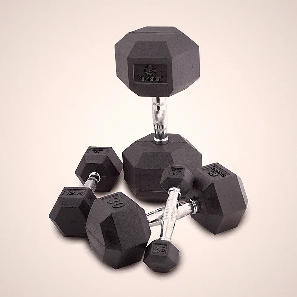 BODY SPORT RUBBER ENCASED HEX DUMBBELL, 65 LBS.