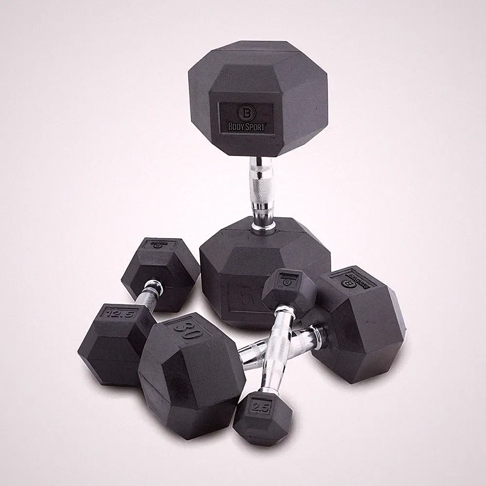 BODY SPORT RUBBER ENCASED HEX DUMBBELL, 75 LBS.