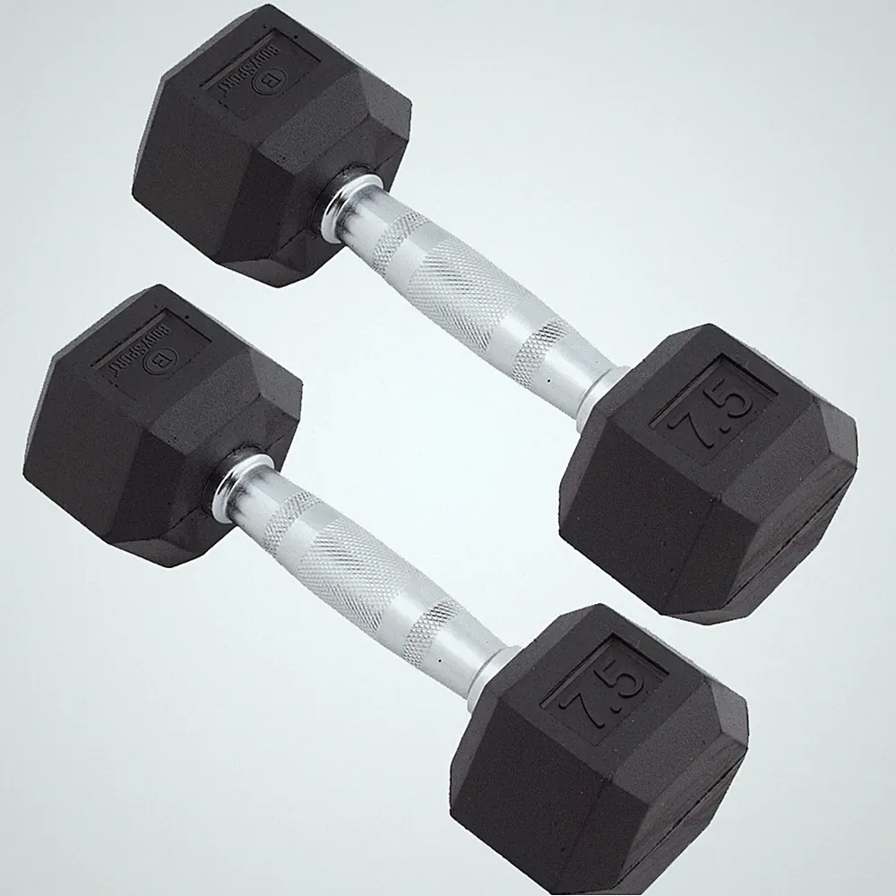 Body Sport Rubber Encased Hex Dumbbell Weight, 7.5 lb. (Pair) - Chrome