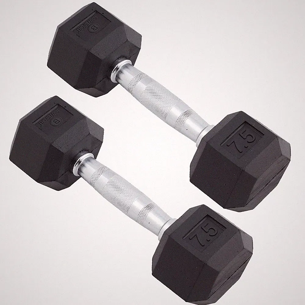 Body Sport Rubber Encased Hex Dumbbell Weight, 7.5 lb. (Pair) - Chrome