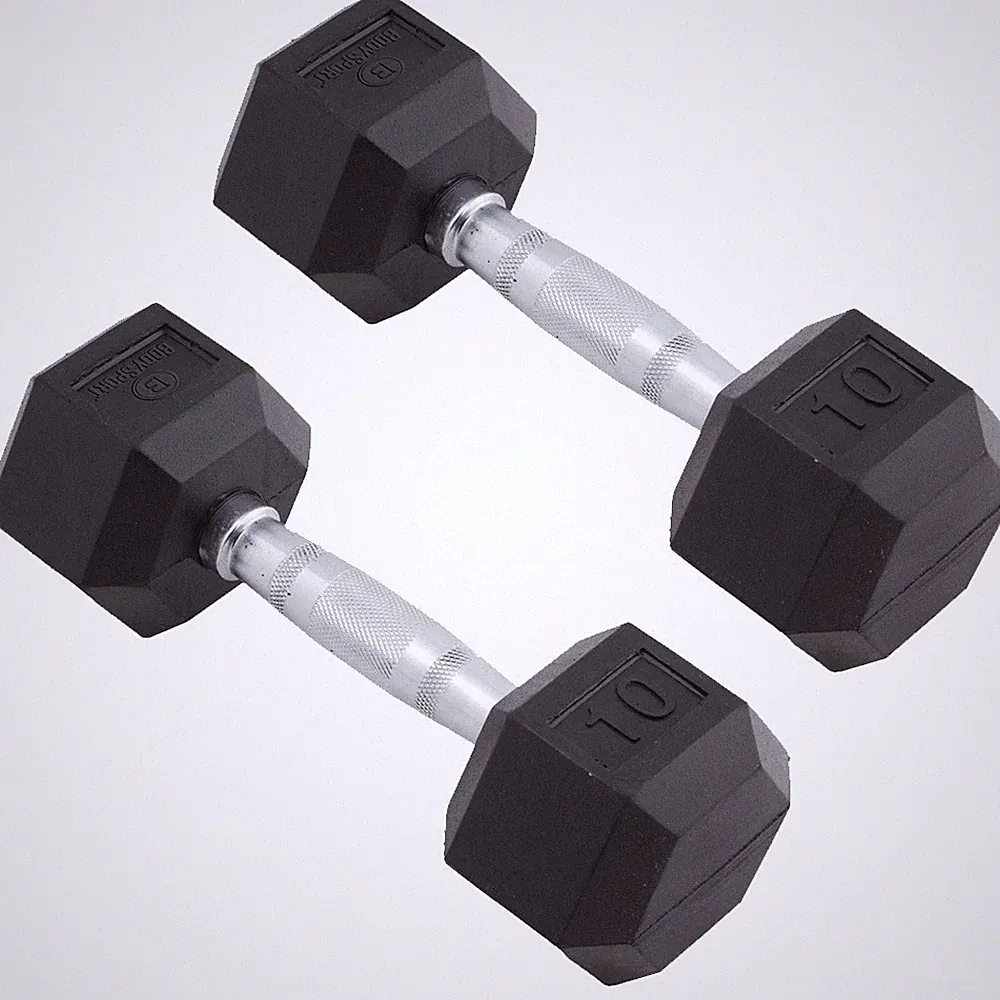 Body Sport Rubber Encased Hex Dumbbell Weight – Exercises – 10 lb Pair