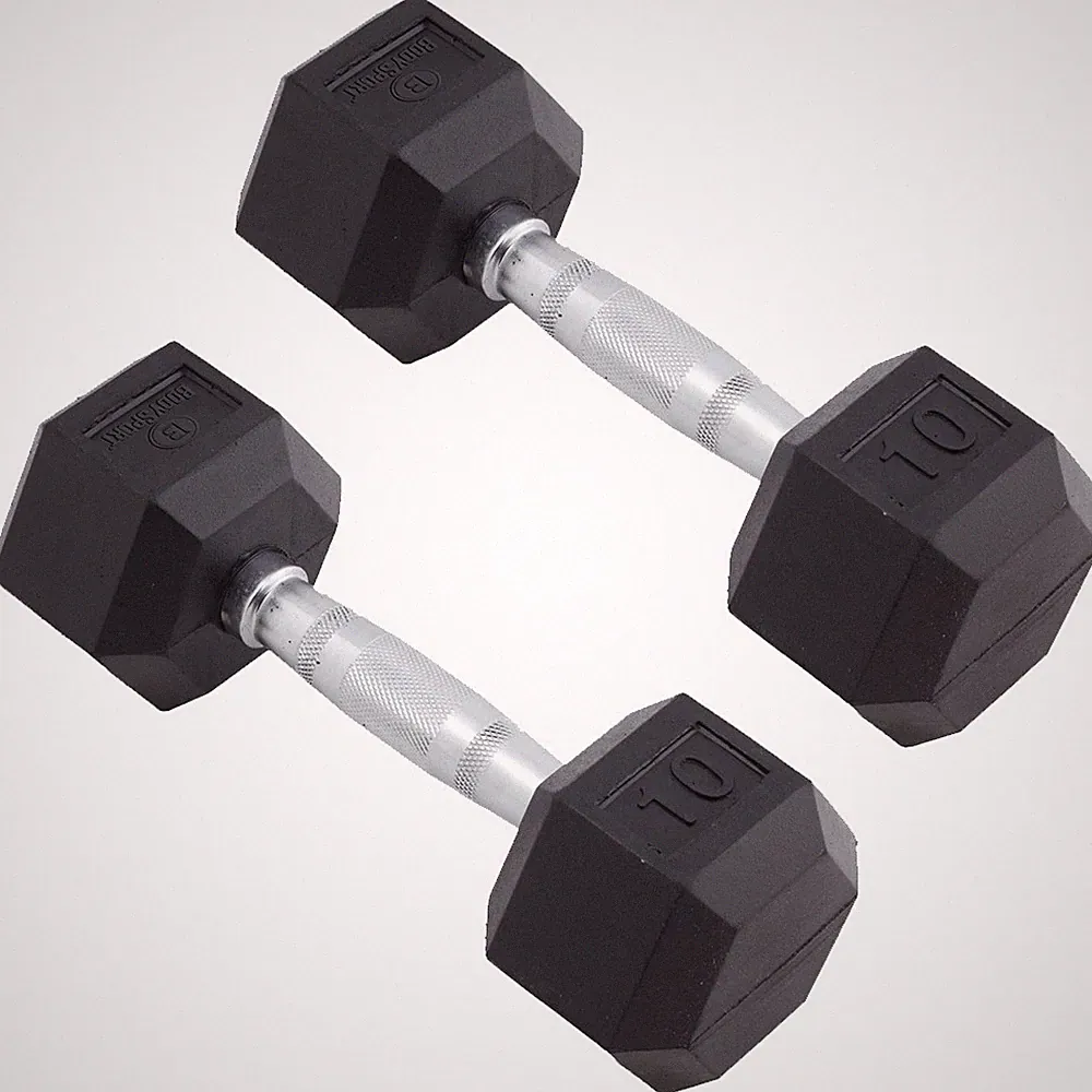 Body Sport Rubber Encased Hex Dumbbell Weight – Exercises – 10 lb Pair