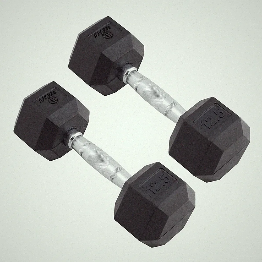 Body Sport Rubber Encased Hex Dumbbell Weight – Exercises – 12.5 lb Pair