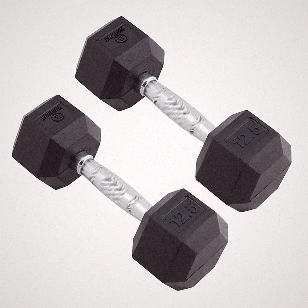 Body Sport Rubber Encased Hex Dumbbell Weight – Exercises – 12.5 lb Pair