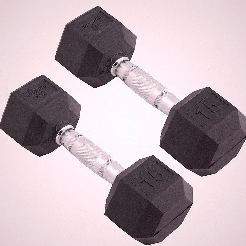 Body Sport Rubber Encased Hex Dumbbell Weight – Exercises – 15 lb Pair