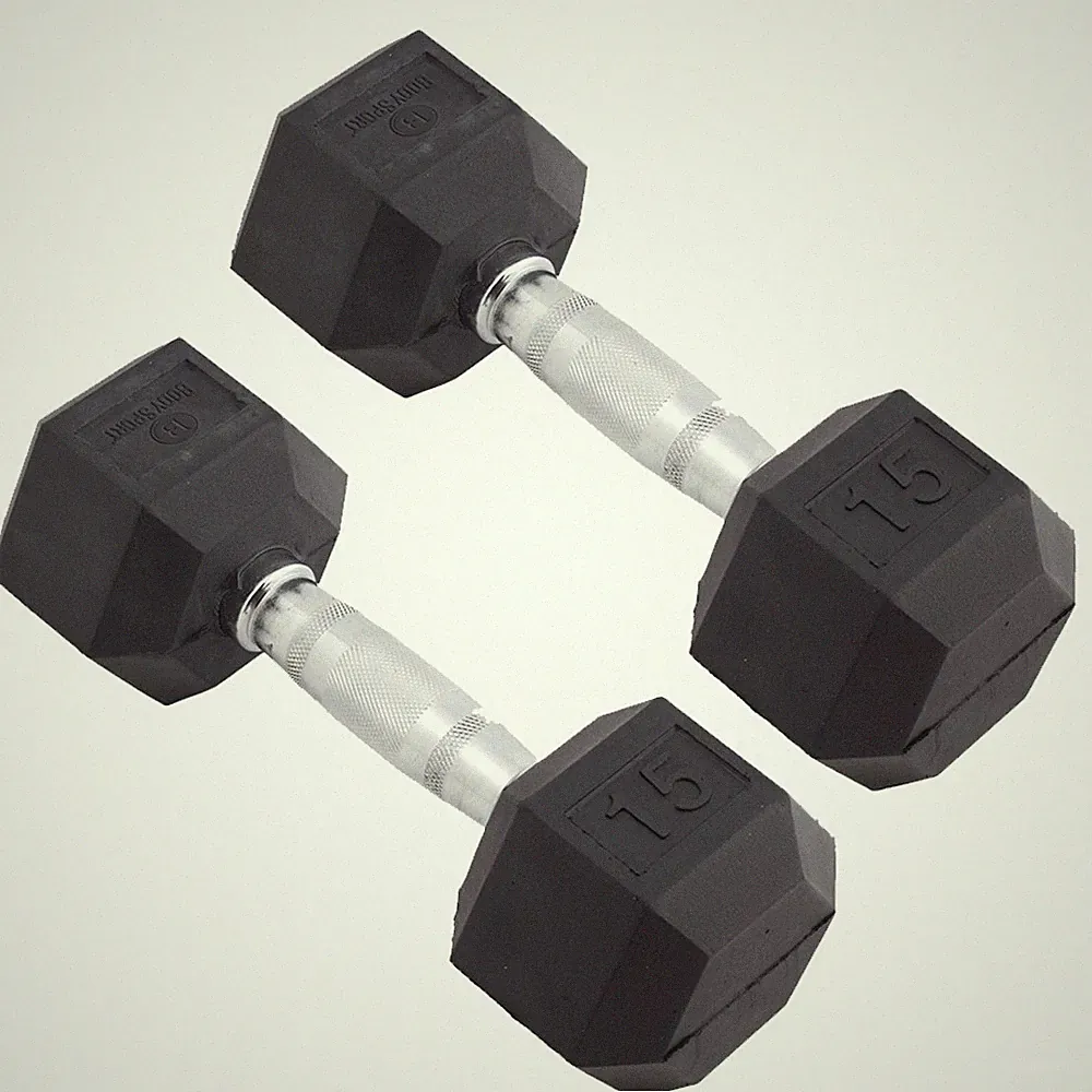 Body Sport Rubber Encased Hex Dumbbell Weight – Exercises – 15 lb Pair