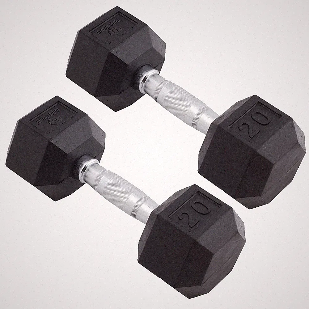 Body Sport Rubber Encased Hex Dumbbell Weight – Exercises – 20 lb Pair