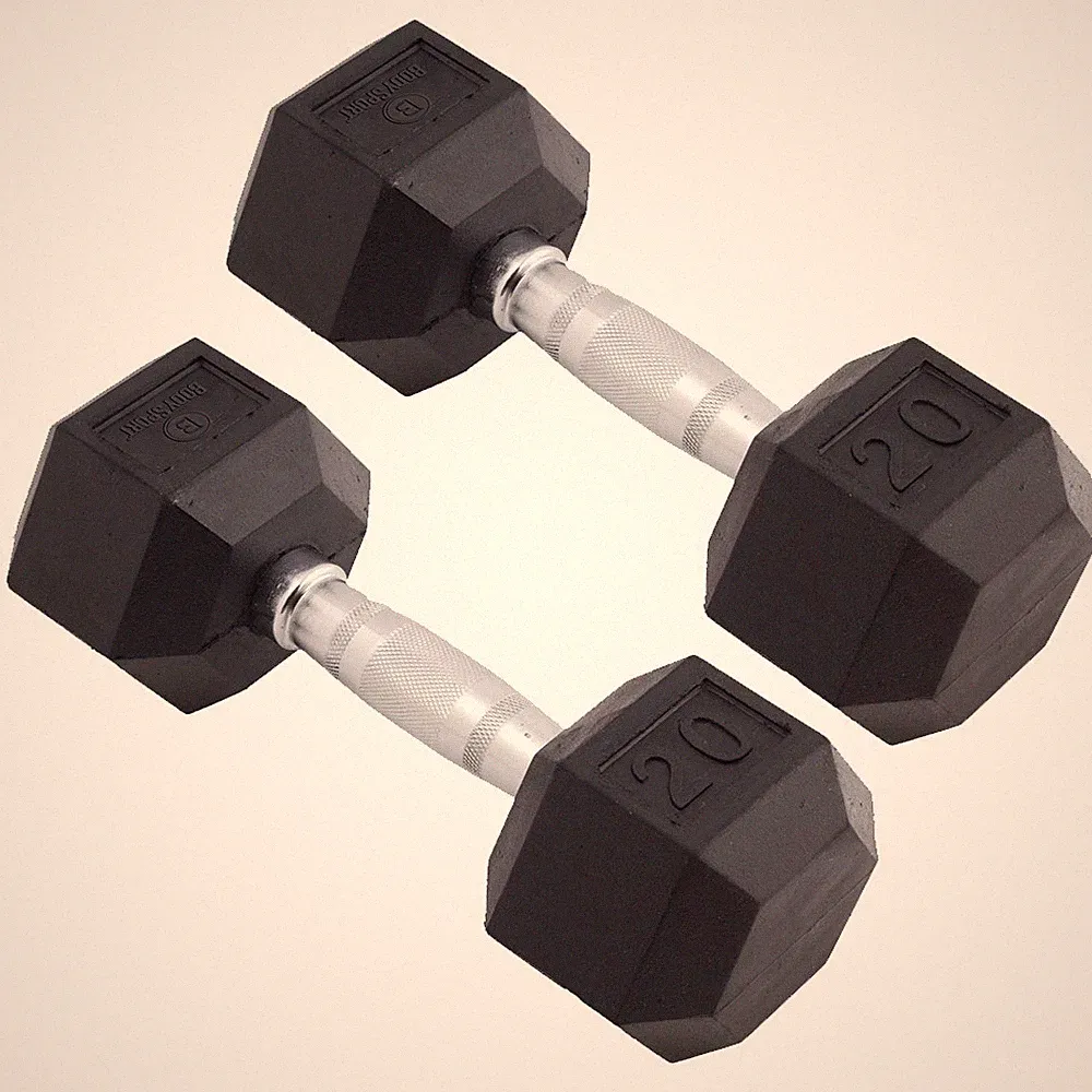 Body Sport Rubber Encased Hex Dumbbell Weight – Exercises – 20 lb Pair