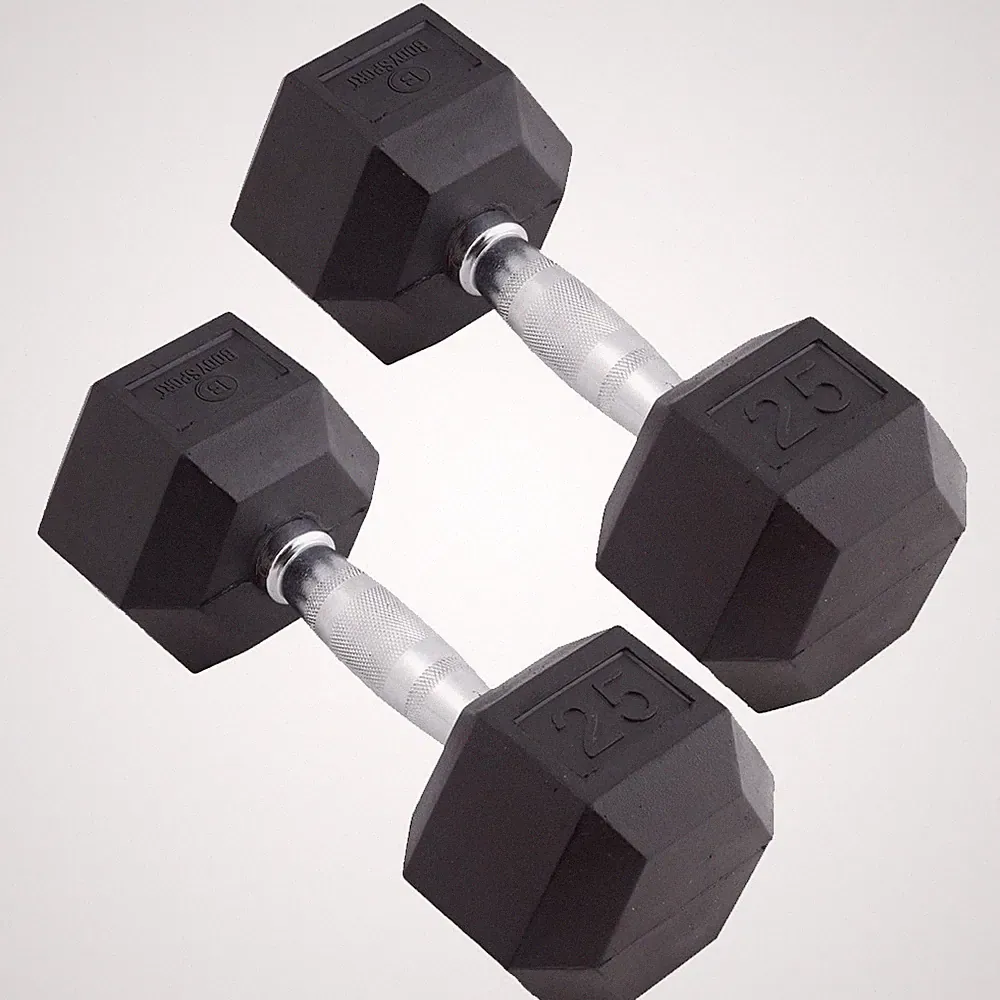 Body Sport Rubber Encased Hex Dumbbell Weight – Exercises – 25 lb Pair