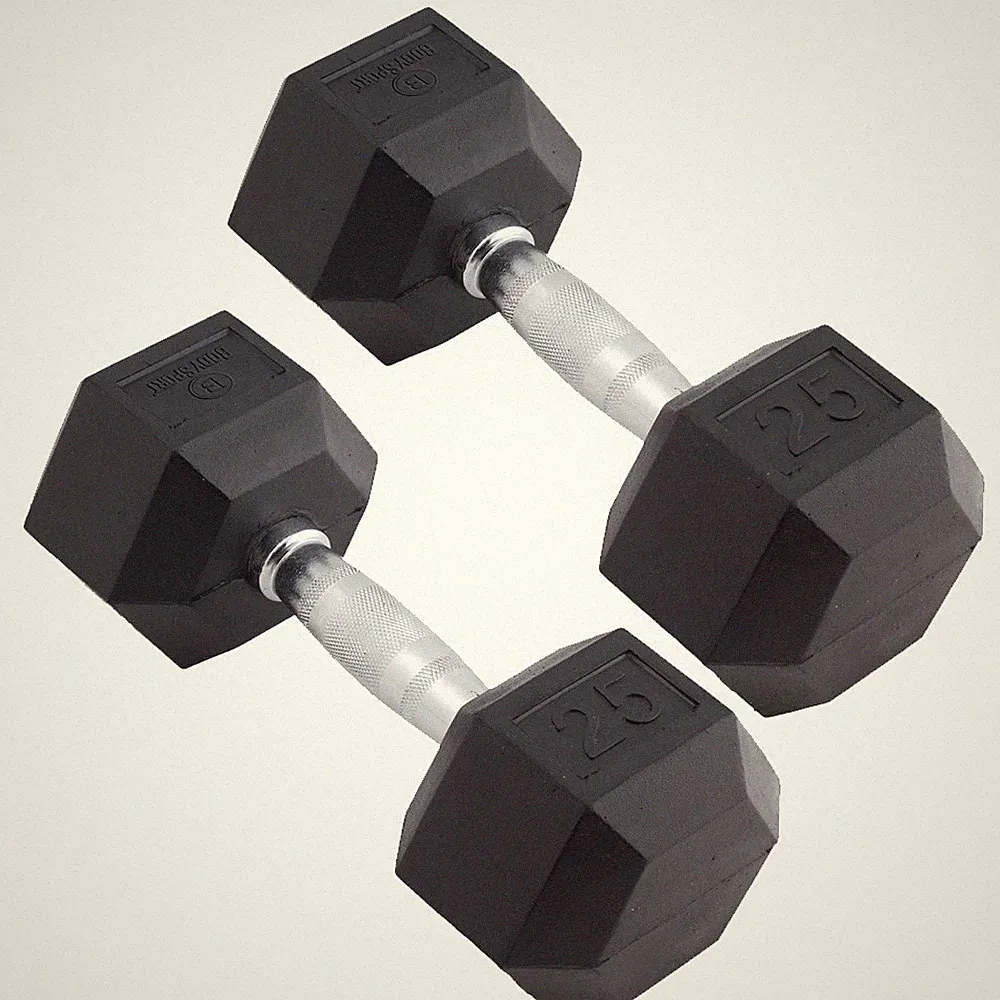 Body Sport Rubber Encased Hex Dumbbell Weight – Exercises – 25 lb Pair
