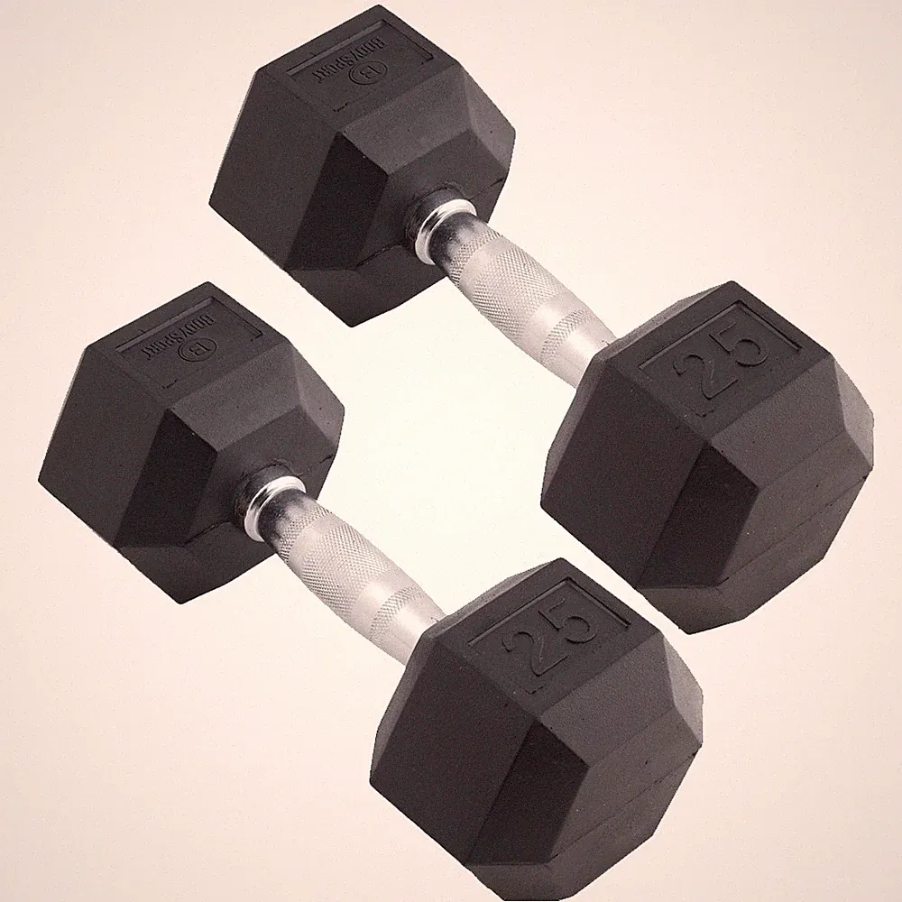 Body Sport Rubber Encased Hex Dumbbell Weight – Exercises – 25 lb Pair
