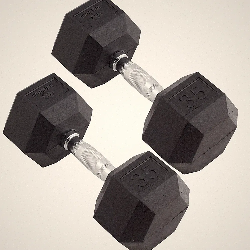 Body Sport Rubber Encased Hex Dumbbell Weight – Exercises – 35 lb Pair