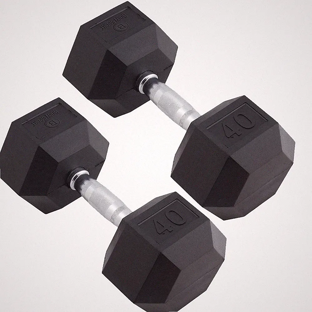 Body Sport Rubber Encased Hex Dumbbell Weight – Exercises – 40 lb Pair