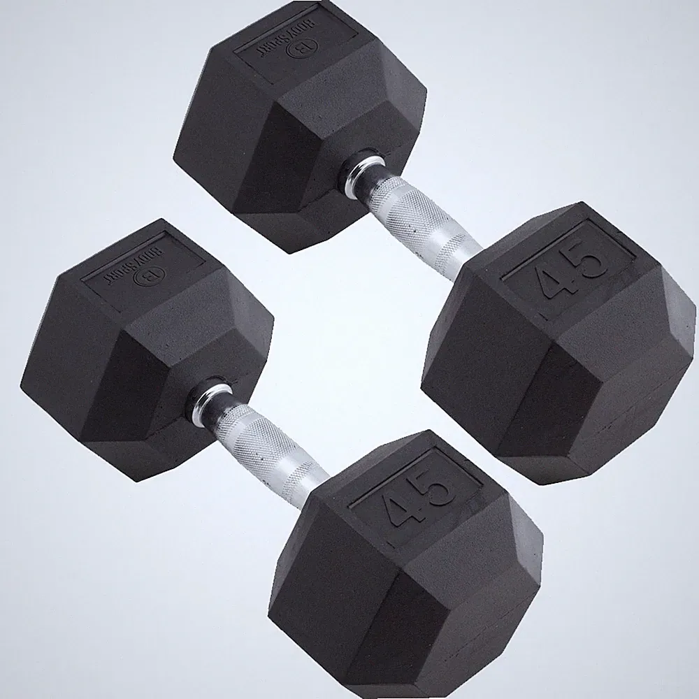 Body Sport Rubber Encased Hex Dumbbell Weight – Exercises – 45 lb Pair
