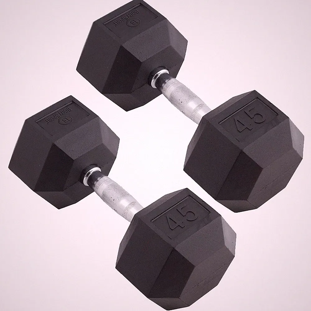 Body Sport Rubber Encased Hex Dumbbell Weight – Exercises – 45 lb Pair