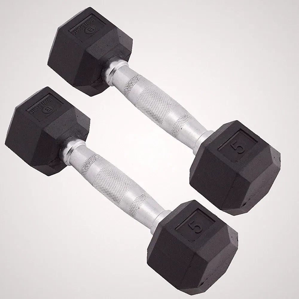 Body Sport Rubber Encased Hex Dumbbell Weight – Exercises – 5 lb Pair