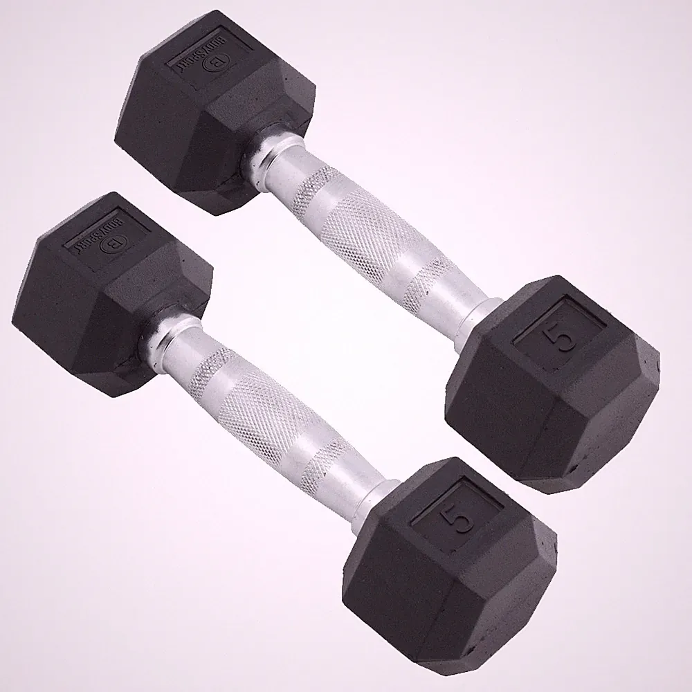 Body Sport Rubber Encased Hex Dumbbell Weight – Exercises – 5 lb Pair