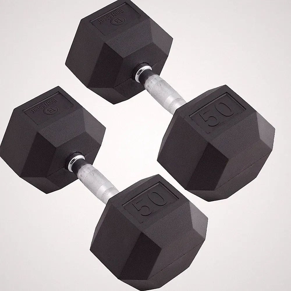 Body Sport Rubber Encased Hex Dumbbell Weight – Exercises – 50 lb Pair