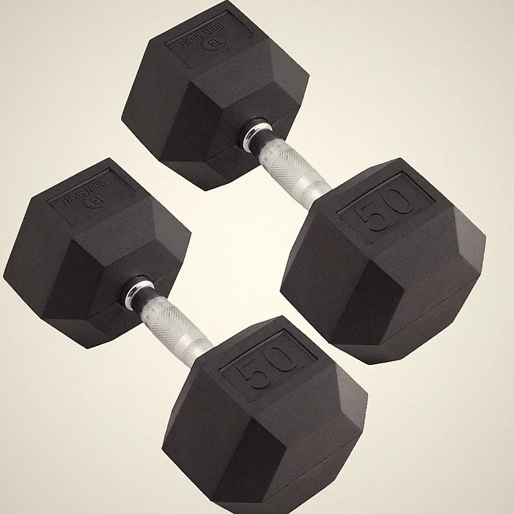 Body Sport Rubber Encased Hex Dumbbell Weight – Exercises – 50 lb Pair