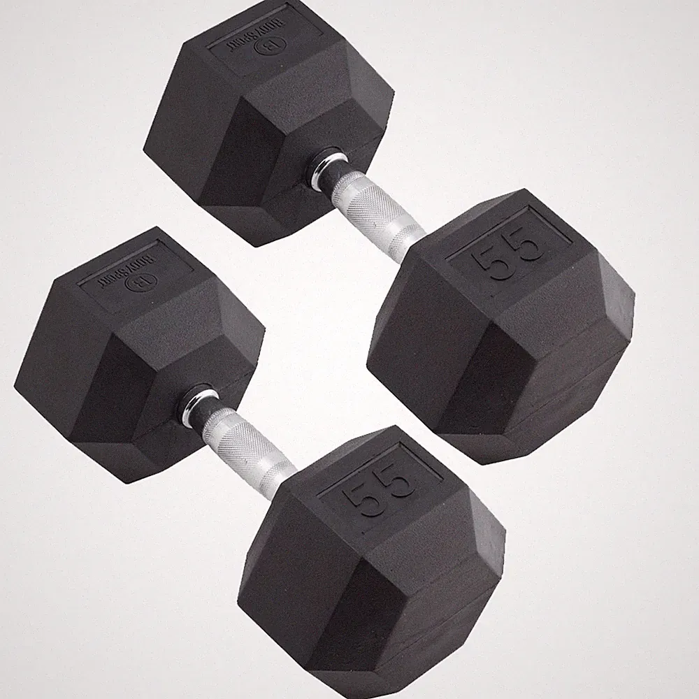 Body Sport Rubber Encased Hex Dumbbell Weight – Exercises – 55 lb Pair