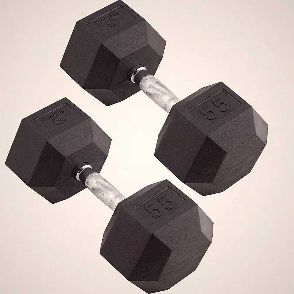 Body Sport Rubber Encased Hex Dumbbell Weight – Exercises – 55 lb Pair